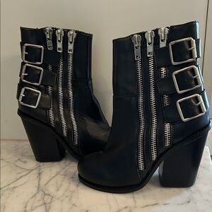 Jeffrey Campbell Black Triple-Buckle Zip Heeled Ankle Boots